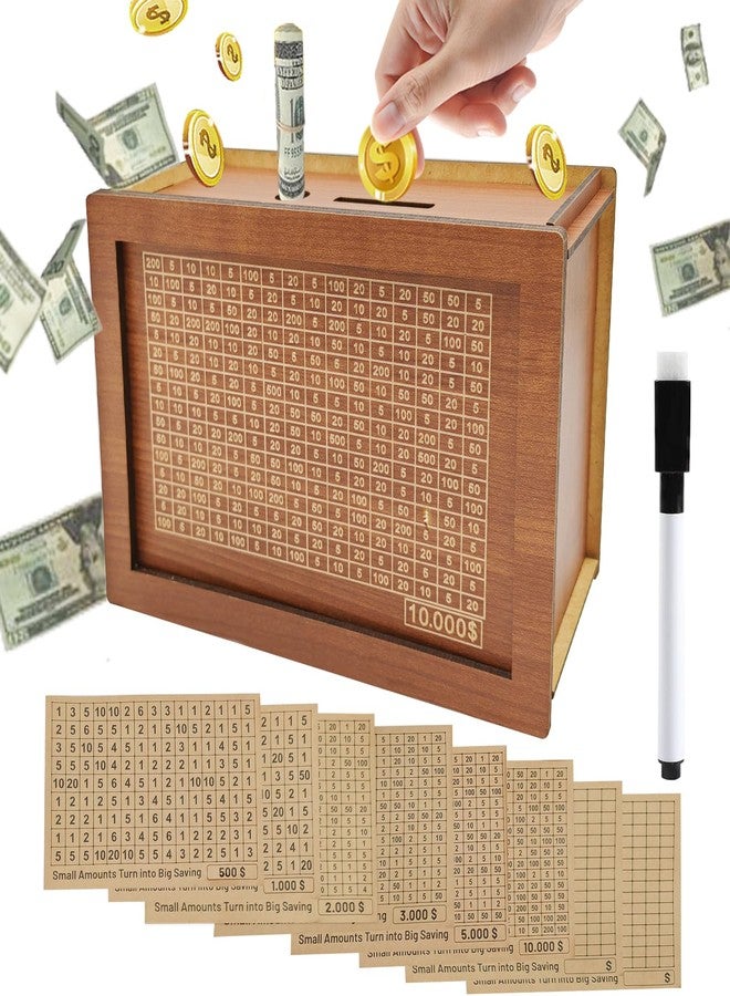 YATIME Money Box with Counter,Reusable Cash Vault Wooden Savings Box with 500 1000 2000 3000 5000 10000 Money Saving Target,Wooden Coin Money Bank for Kids Adults - Image 1